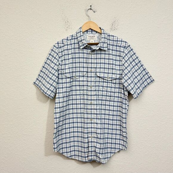 FILSON Twin Lakes Shirt Sky Navy Gold Plaid Short Sleeve Fishing Hiking